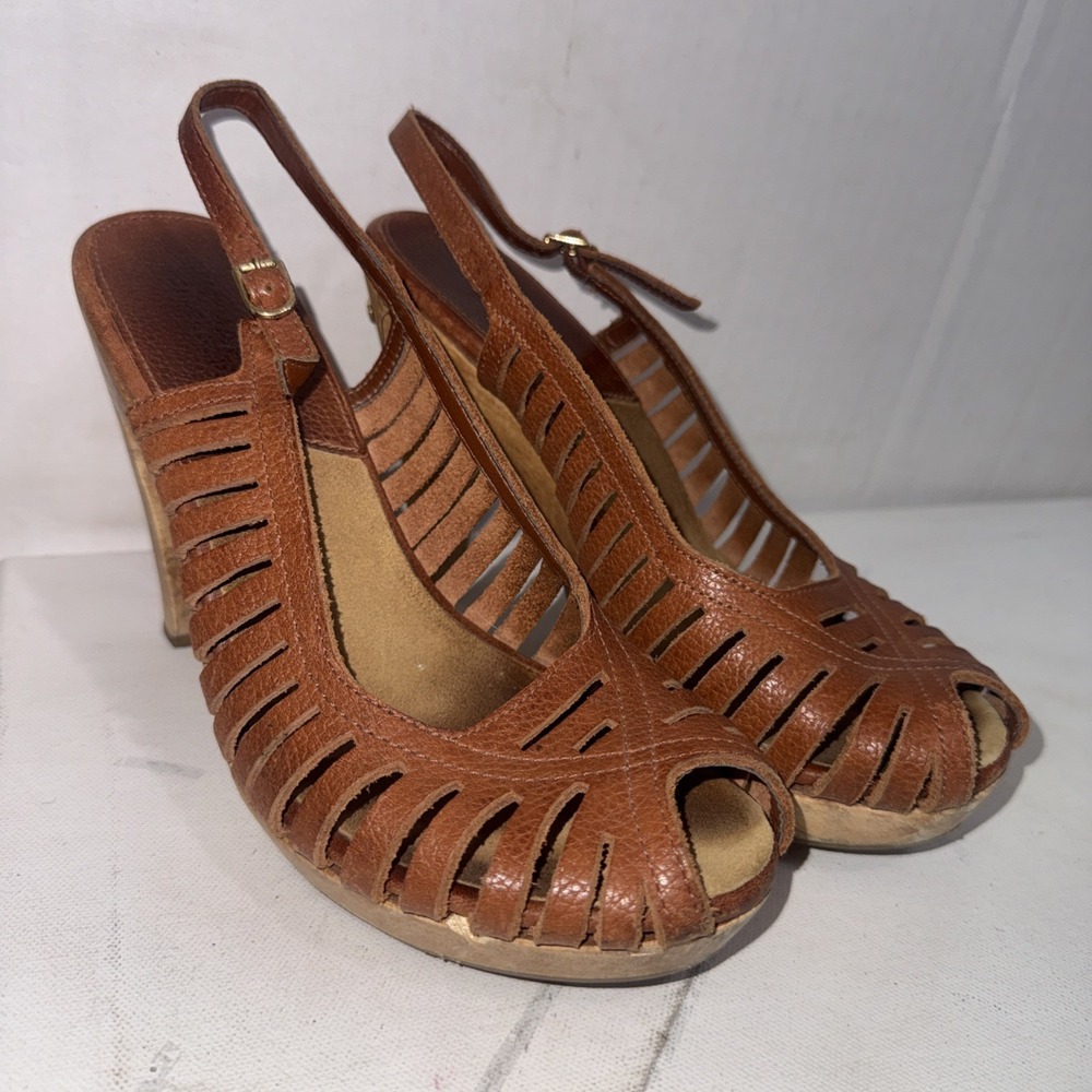 Michael Kors Brown Leather Slingback Peep Toe Wooden Heel Sandals Pumps Sz 7